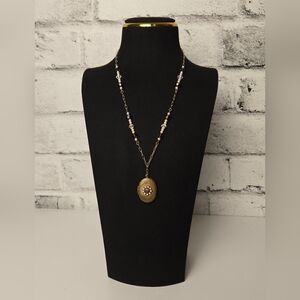 Vintage Gold-Tone Floral Locket Necklace Pearls & AB Crystals Paperclip Chain